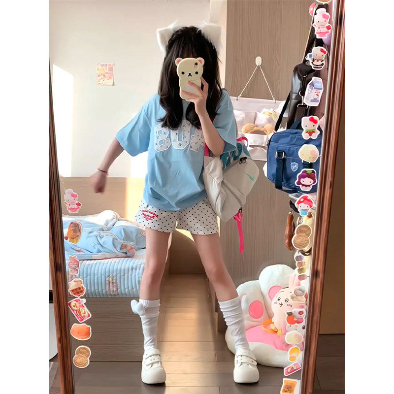 韩系小个子休闲运动套装女2025夏季刺绣短袖波点短裤跑步两件套