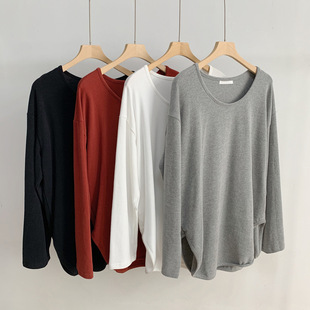 上衣长袖 女款 宽松大码 设计感弧形下摆打底衫 衣服 棉T恤女内搭 秋季