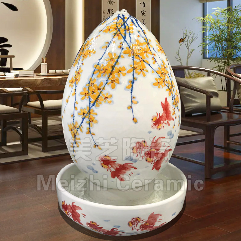 客厅中式手绘水墨喷泉花瓶景德镇陶瓷加湿器流水生财摆件冒水陶罐