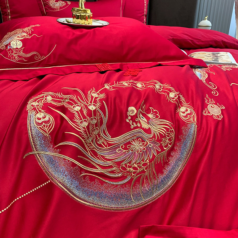 100S长绒棉新婚庆四件套大红色龙凤被套全棉结婚陪嫁床单床上用品
