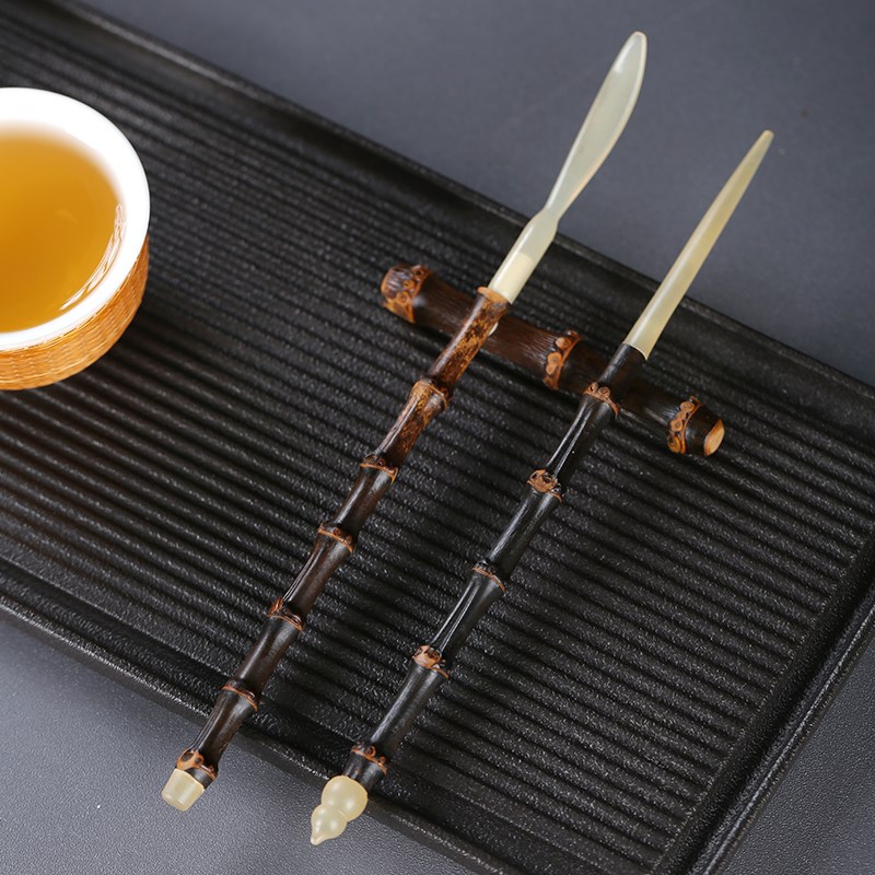 竹柒阁手工竹根紫竹真牛角茶拨茶针茶搁架茶匙文玩茶道三件套配件