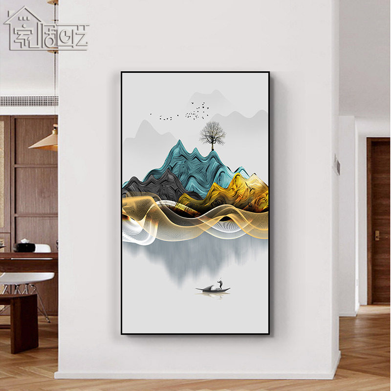 玄关新中式山水画风景装饰画入户入门过道走廊尽头挂画竖版壁画