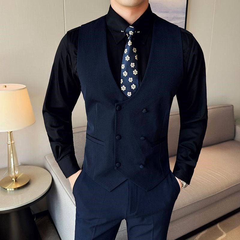 春秋季男式双排扣单马甲西裤两件套修身西装马夹裤子套装宴会礼服