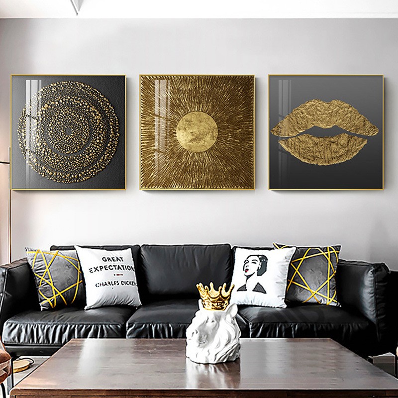 别墅玄关壁画过道走廊美式装饰画金色客厅组合新款搭配轻奢晶瓷画