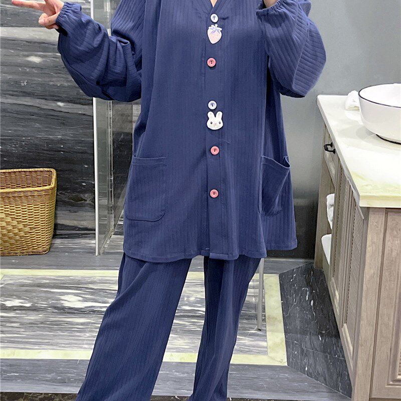 长袖V领开衫睡衣女春秋薄款针织坑条棉家居服大码胖mm200斤套装