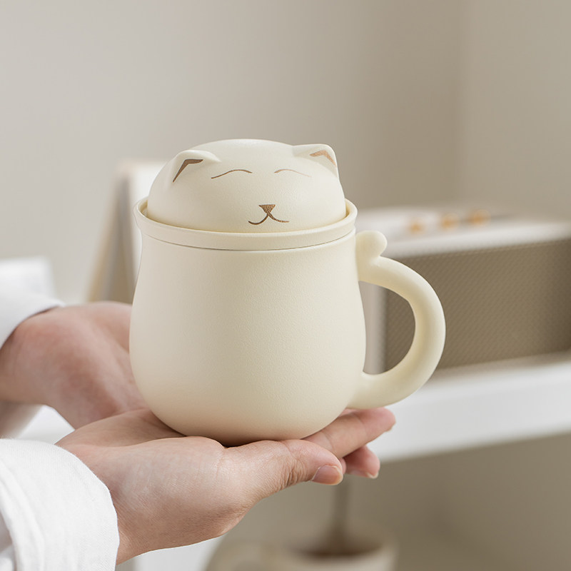 米黄卡通猫咪陶瓷茶水分离泡茶杯子办公室个人水杯带盖过滤情侣杯