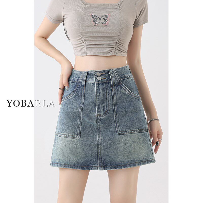 复古蓝牛仔短裙女夏季高腰大码胖mm遮肚子显瘦梨形身材a字半身裙