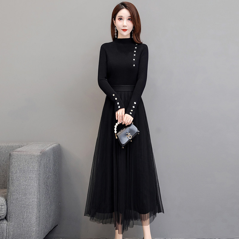 黑色毛衣针织连衣裙长款过膝网纱裙子高领加厚内搭打底长裙女秋冬
