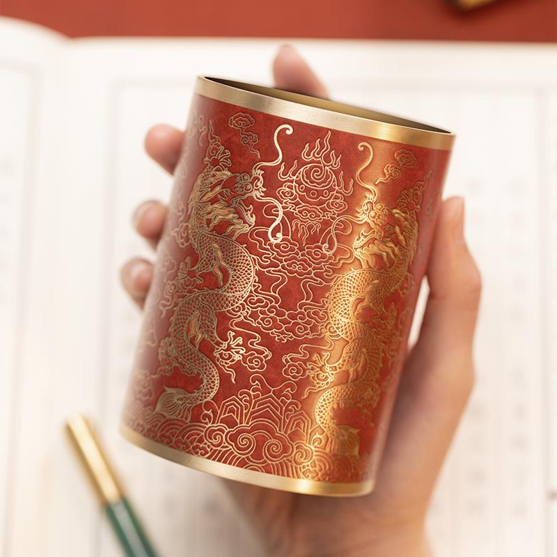朱炳仁铜 辰龙纳福笔筒文房书桌学生礼物创意办公笔桶桌面文具