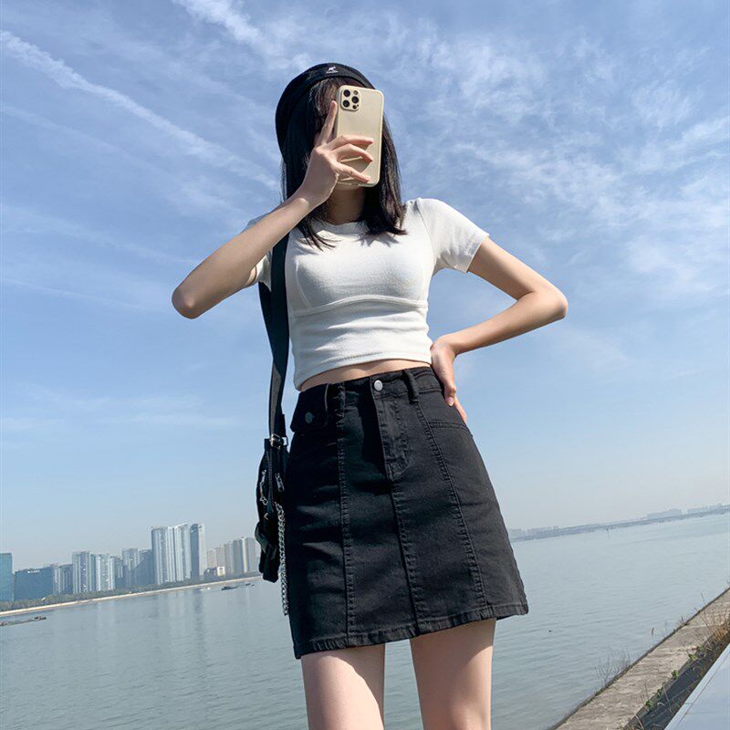 黑色牛仔短裙女大码半身裙2022新款春夏高腰显瘦包臀a字裙防走光