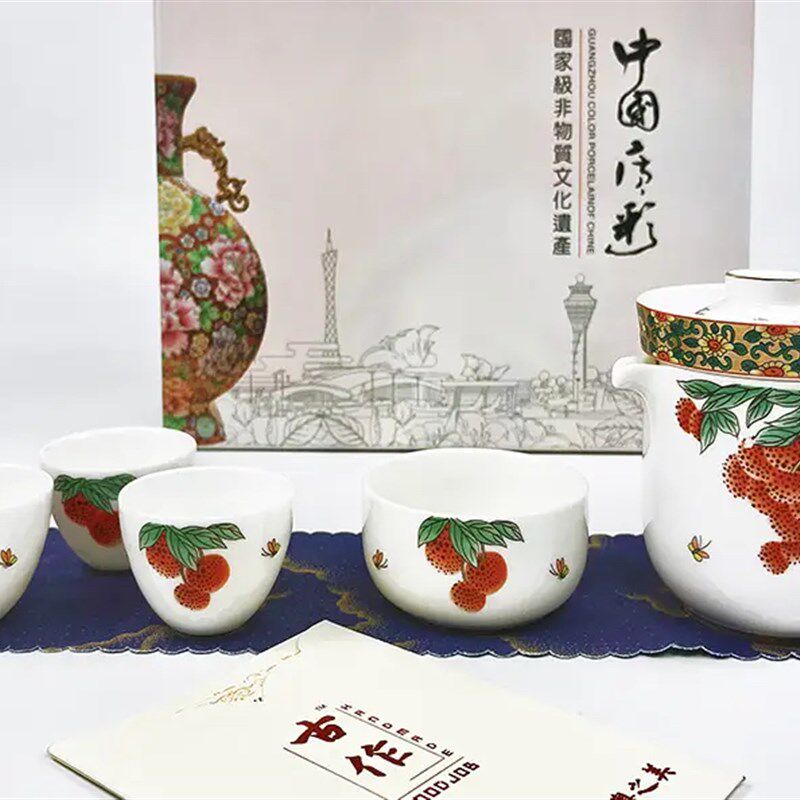 实体店经营广彩工艺品 广州手信礼品 荔枝茶具整套 红棉花彩绘