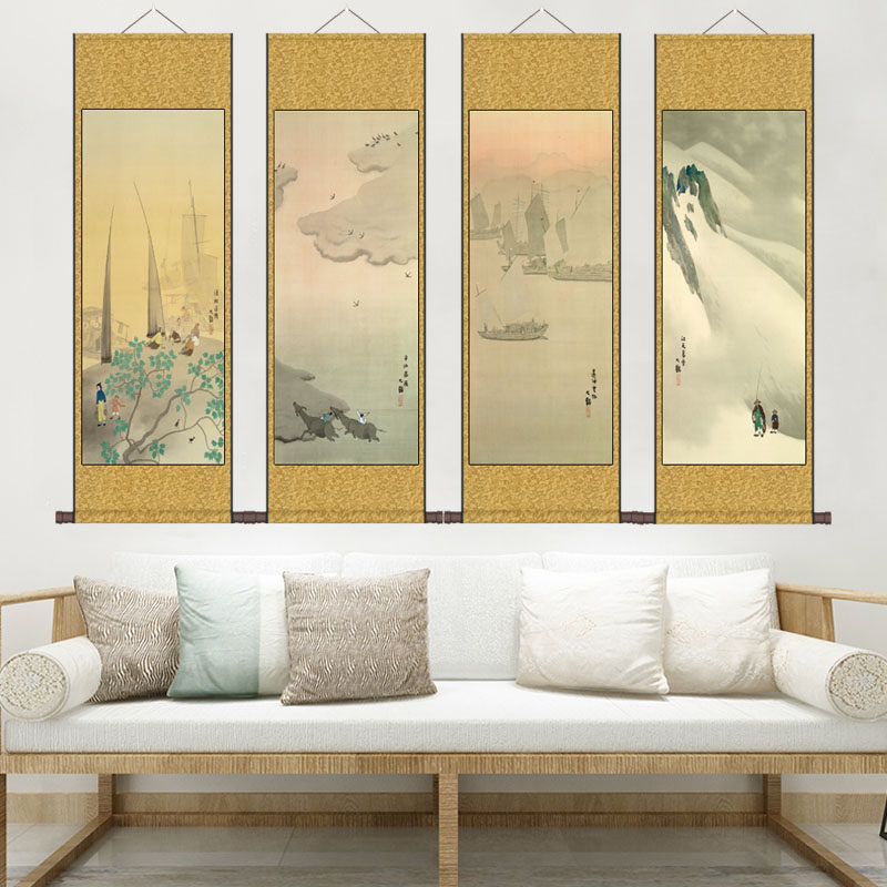 禅意简约四条屏装饰画山水画国画山水情丝绢卷轴挂画中式客厅竖幅
