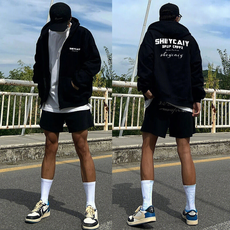 美式vibe复古基础大众黑色连帽加绒卫衣男国潮街头嘻哈开衫外套潮