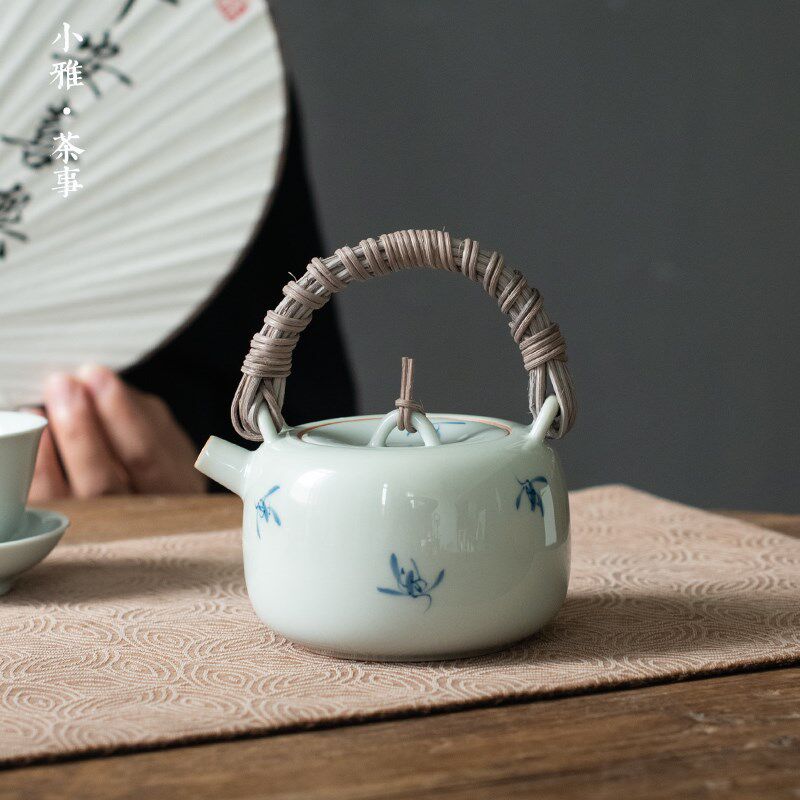 仿古手绘兰花藤编提梁壶 陶瓷茶壶家用单壶泡茶壶泡茶器功夫茶具