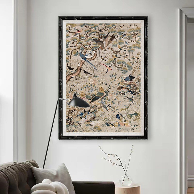 《百鸟图》法式中古风花鸟图装饰挂画客厅沙发背景墙实木竖版摆画