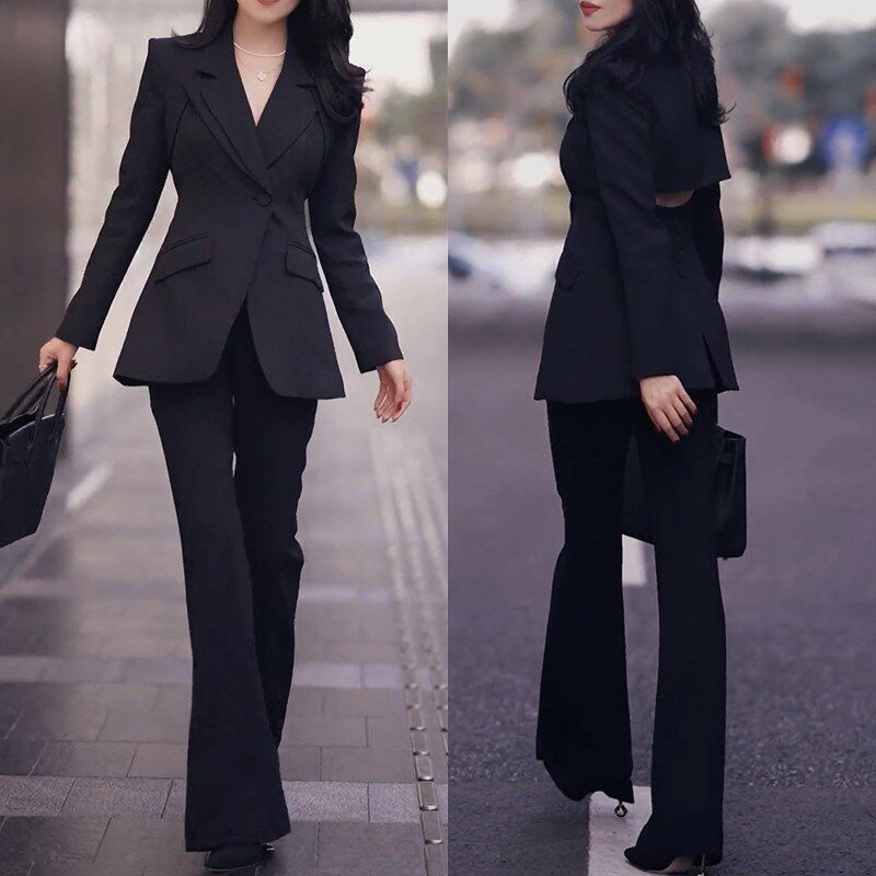 2024春装新款高级感职业西装套装女黑色修身露腰西服微喇裤两件套