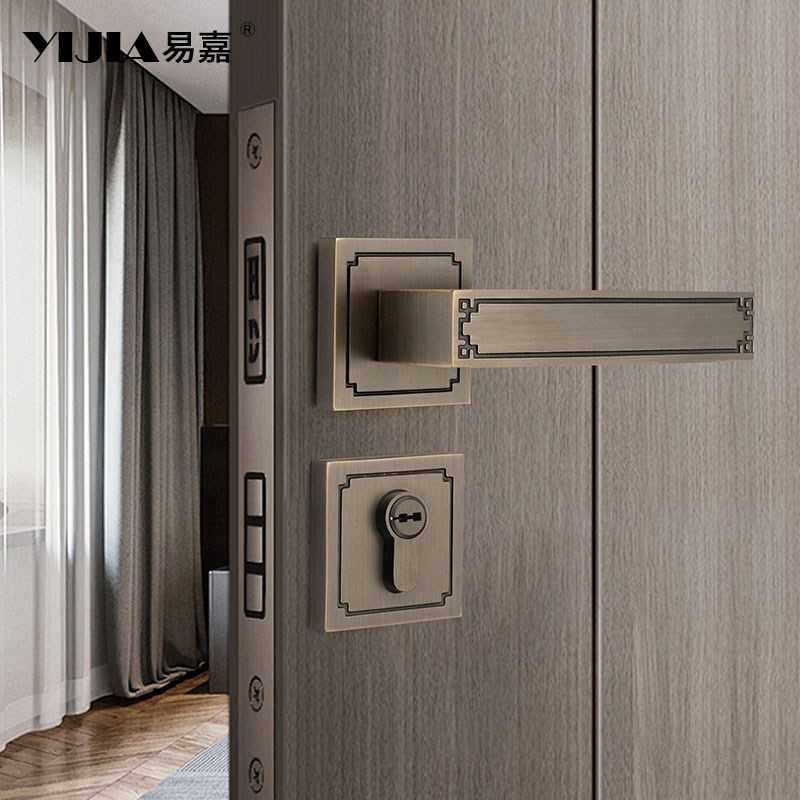 新中式复古黄铜室内卧室门锁家用通用型分体锁纯铜房门把手锁具