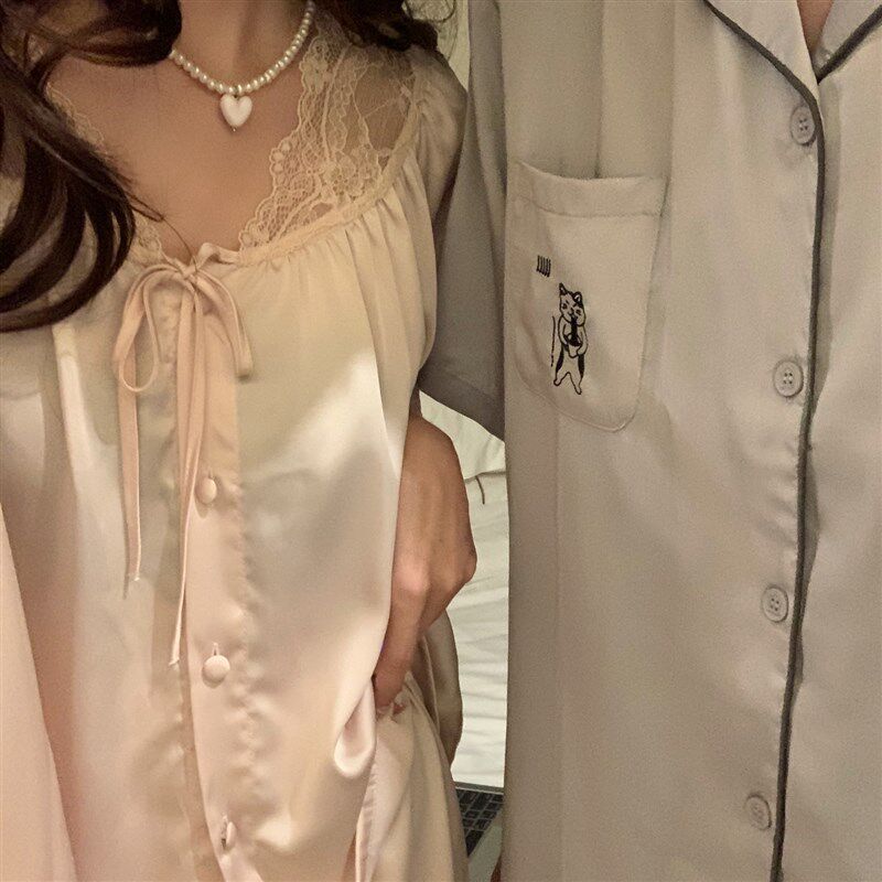 夏莉家 2026夏季女款甜美低V领花边简约男款短袖情侣冰丝睡衣套装