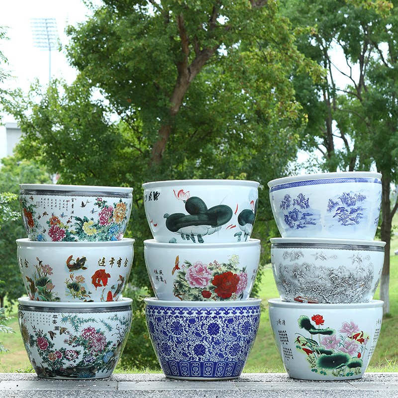 景德镇陶瓷鱼缸可配实木座古法观背养鱼盆睡莲庭院荷花专用大水缸