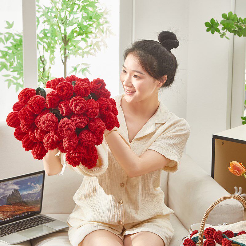 玫瑰花束毯子成品手工针织毛线钩织玫瑰花束毯子送女友母亲节礼物