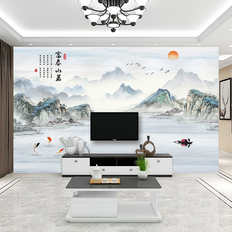 家和万事兴中式3d立体背景墙壁画山水画壁布电视墙壁纸客厅墙布