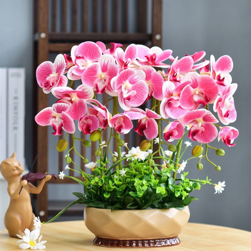 旭日东升蝴蝶兰仿真花盆栽假花摆件客厅卧室中式家居装饰花艺绢花