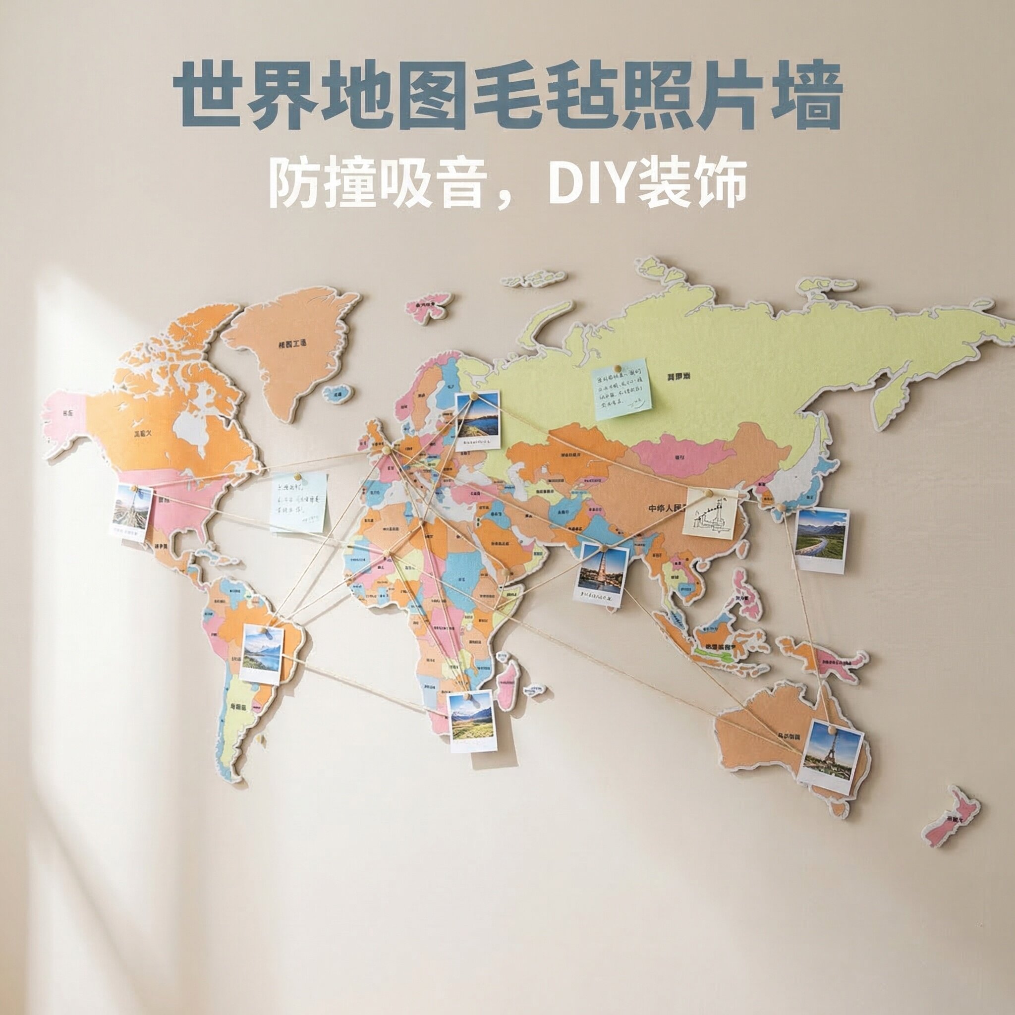 毛毡世界地图可标记照片墙旅行足迹墙贴旅游打卡DIY装饰客厅背景