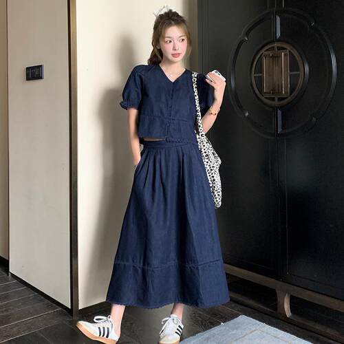 实拍复古薄款牛仔套装女2