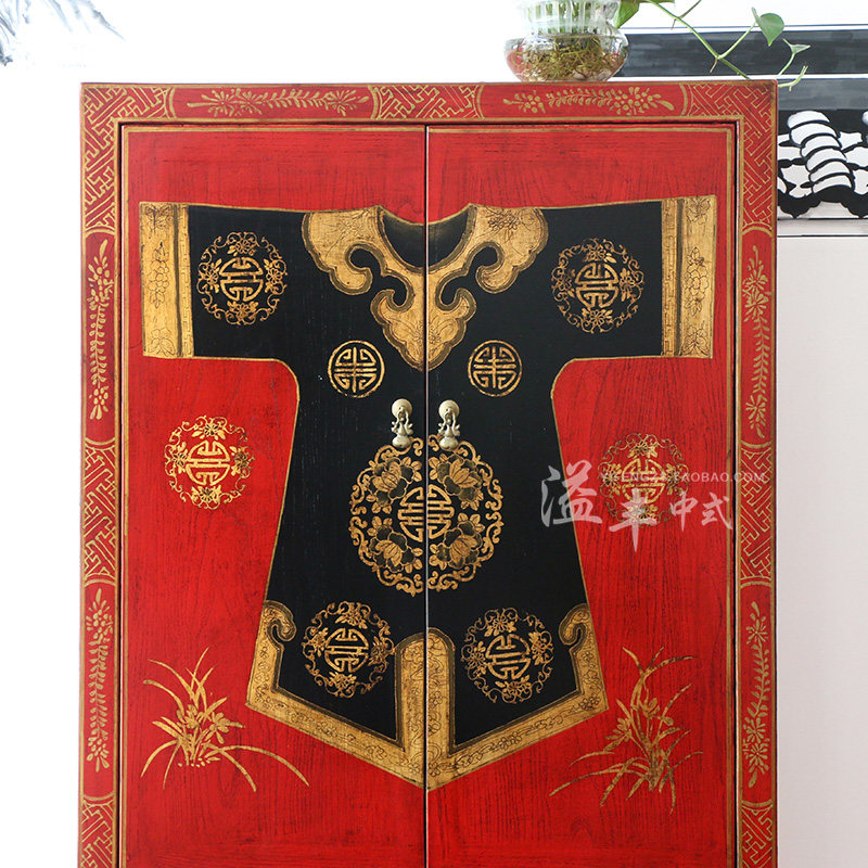 新中式仿古典家具实木彩绘衣柜衣橱手绘红色做旧复古装饰客厅柜子