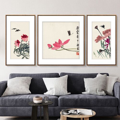 齐白石和气生财花鸟大气荷花三联画客厅沙发背景墙酒店中餐厅挂画