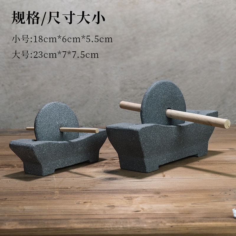 天然青石茶碾唐宋代点茶工具磨茶石撵子老式手工雕刻石碾子摆件