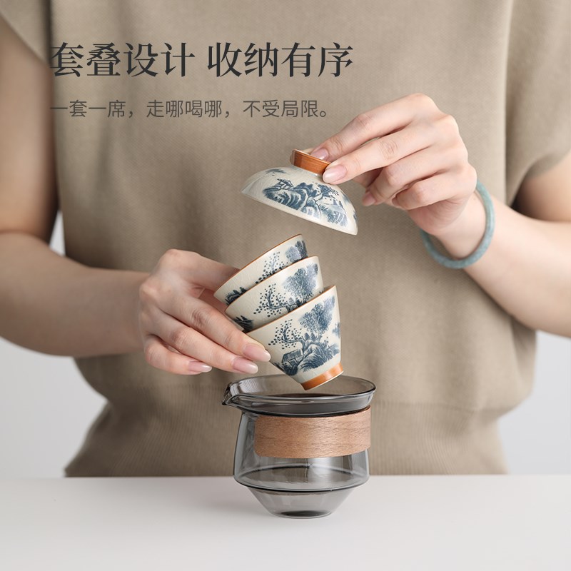 哥窑手绘旅行茶具套装便携式户外一壶三杯快客杯手抓壶盖碗一人饮