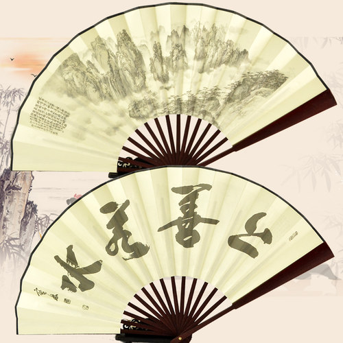 中国风10寸丝绸大绢扇子古风折扇雕刻手工艺礼品复古典男折叠竹扇