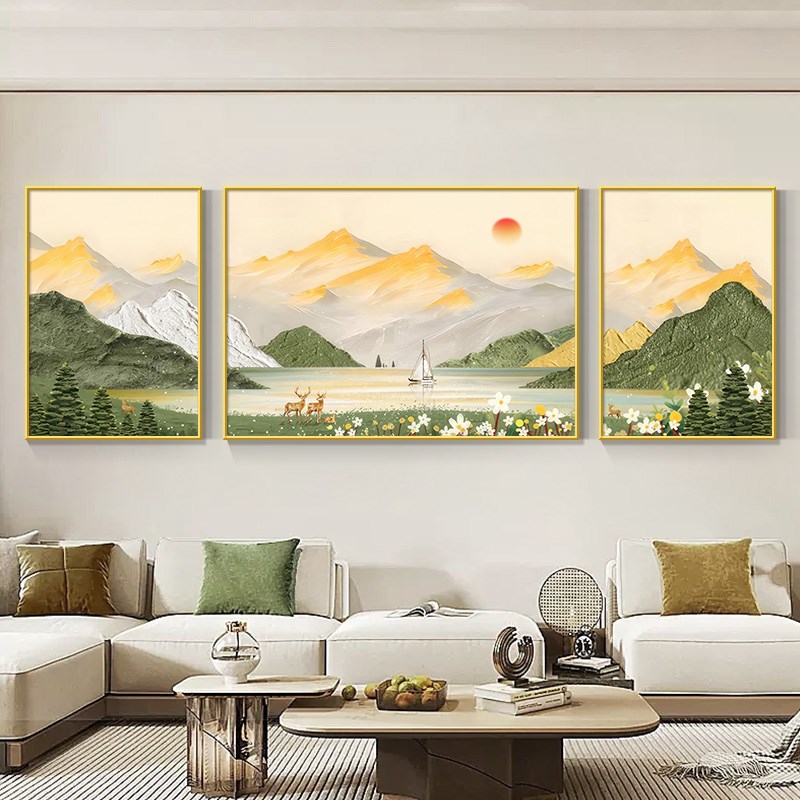 背有靠山客厅装饰画沙发背景墙挂画高级感山水风景画三联组合壁画