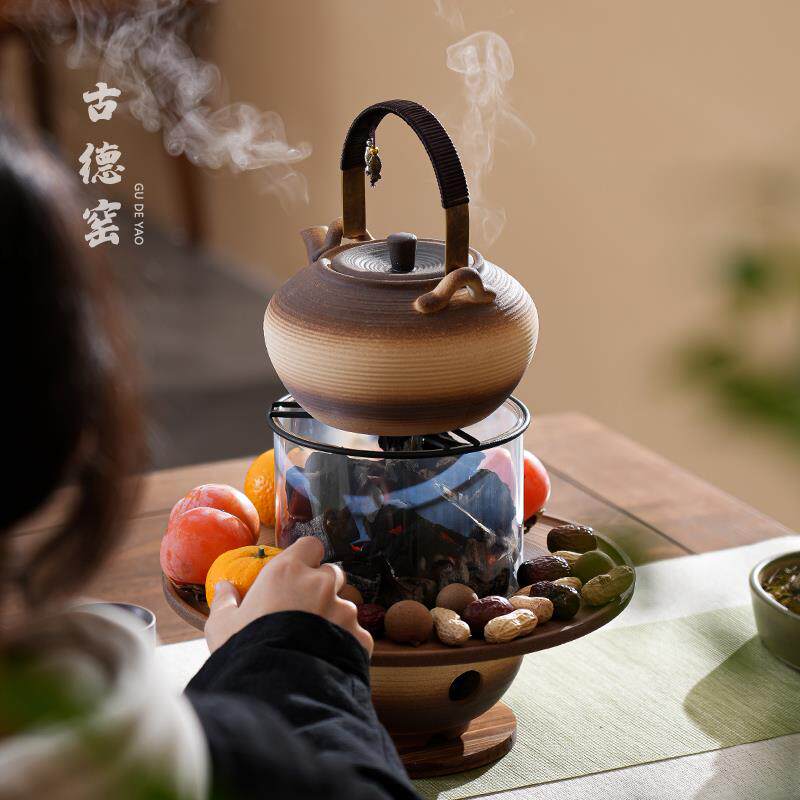 粗陶围炉煮茶器套装家用观火玻璃碳烤炉家庭围聚烤火炉加热暖茶新