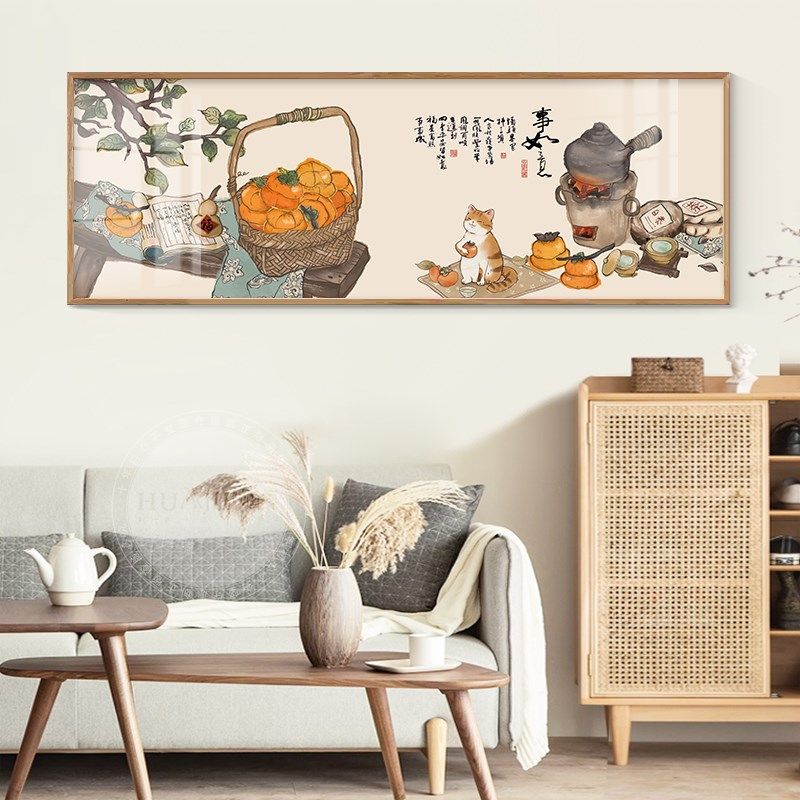 柿子新中式客厅沙发背景墙挂画竹子寓意好荷花鱼大尺寸餐厅装饰画