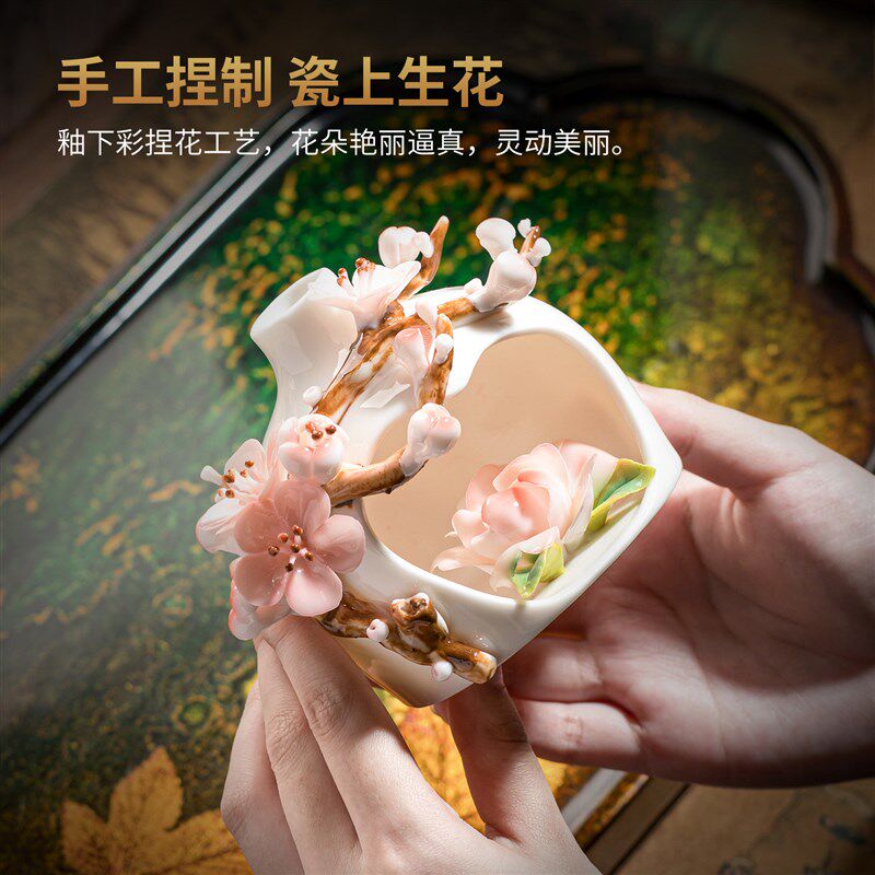 梅花非遗手捏花陶瓷小花瓶摆件客厅插花工艺女神节送女生生日礼物