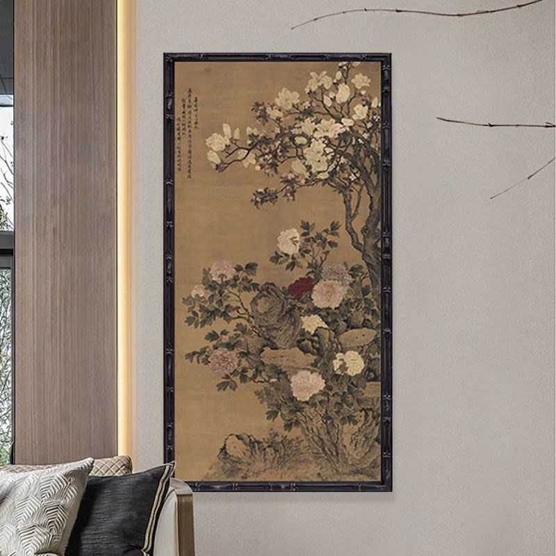 古典明清花阴双鹤挂画玄关过道走廊双鹤图客厅中式进门竖版装饰画