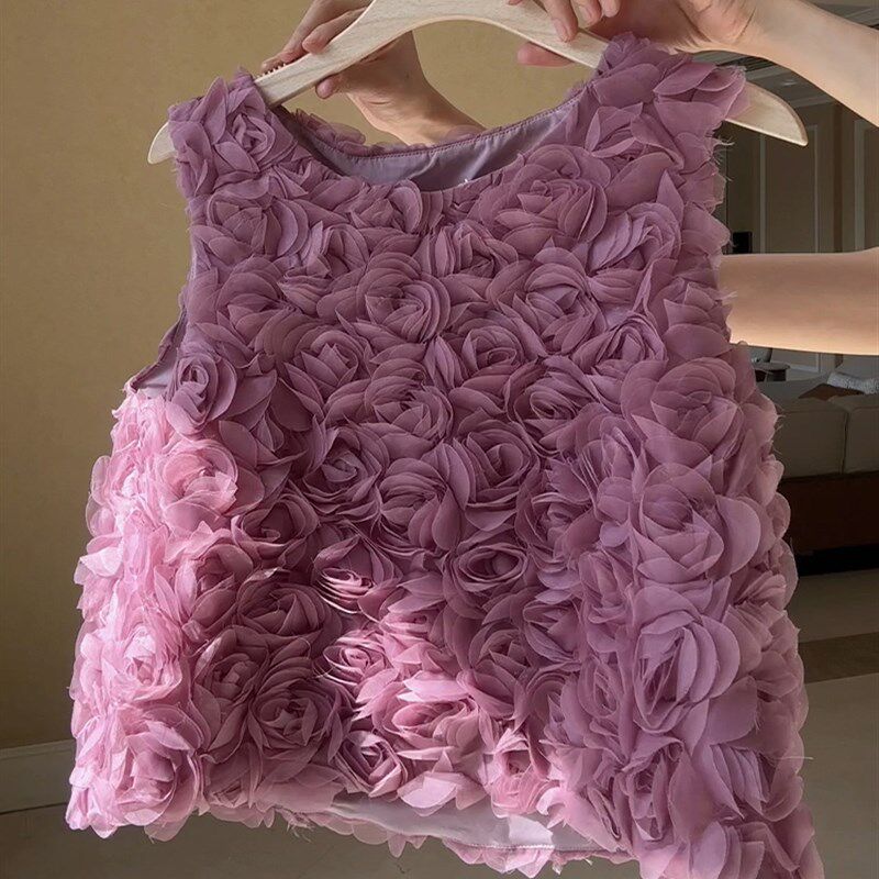 高级感气质葡萄紫立体玫瑰花背心吊带女夏季短款宽松无袖露肩上衣