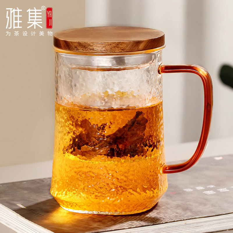 雅集玉琮杯锤纹泡茶杯茶水分离玻璃杯办公室喝茶杯子个人木盖杯子