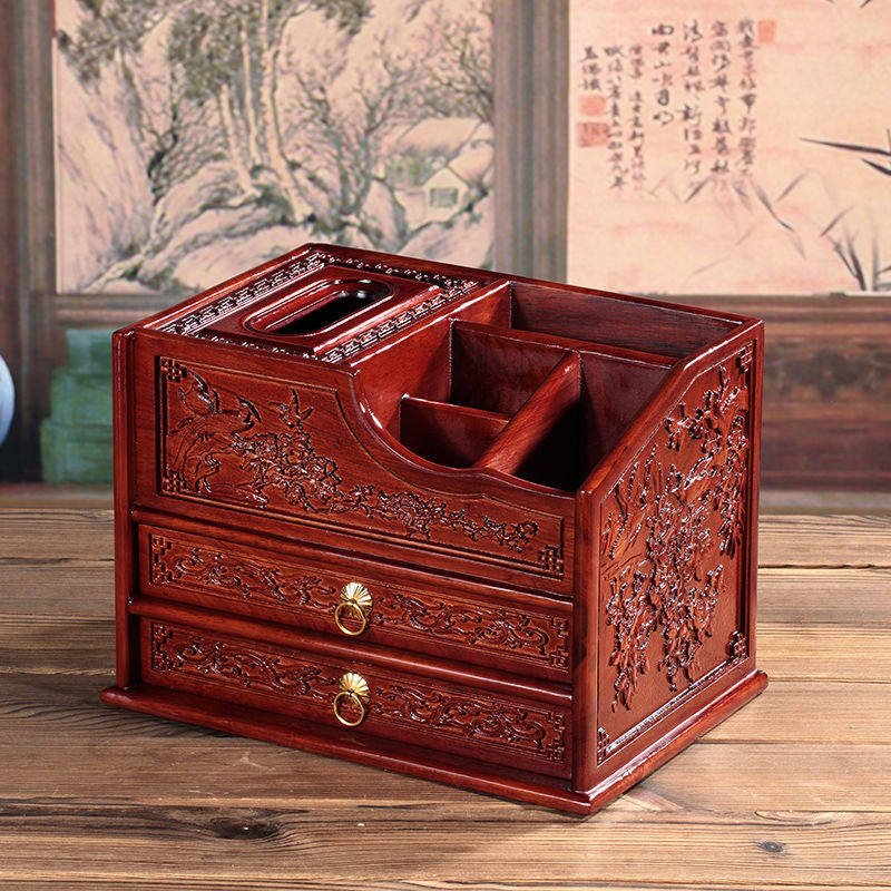 家用红木茶几遥控器收纳盒多功能中式带抽屉多层纸巾盒实木质桌面