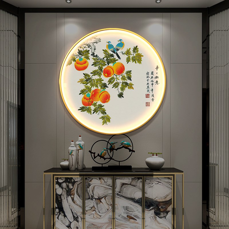 新中式事事如意圆形玄关装饰画带灯书房餐厅LED发光壁灯柿子挂画