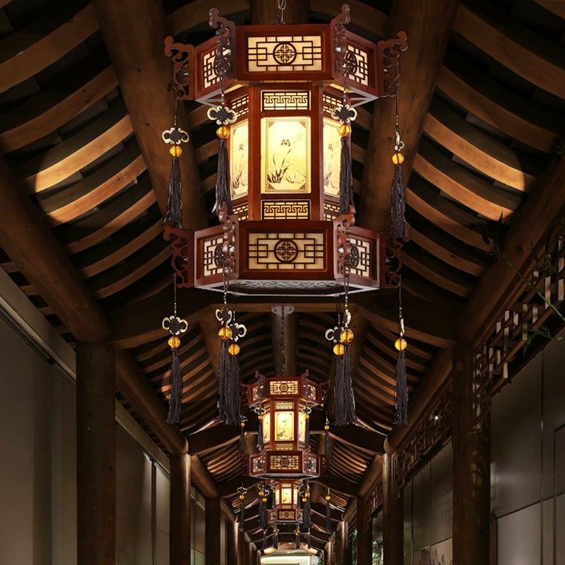 中式实木吊灯饭厅阳台灯具彷古长廊茶楼饭店祠堂红灯笼羊皮灯门口