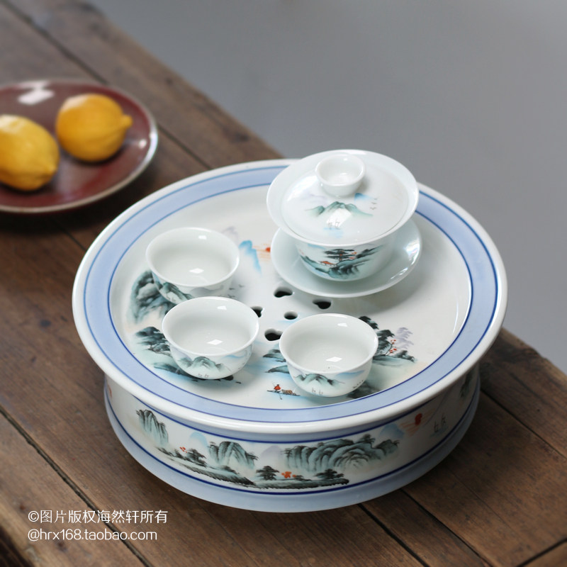 老潮州功夫茶具茶盘茶船手绘老白瓷茶盘干泡盘储水茶池送盖碗茶杯