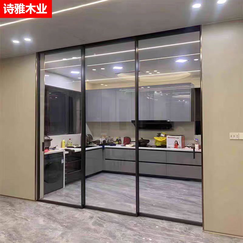 极窄推拉门铝合金阳台客厅厨房钢化玻璃吊轨移门三联动地轨隐藏式