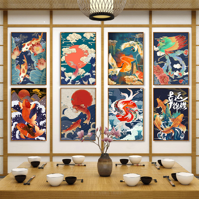 锦鲤国潮挂画饭店餐饮店烤鱼店墙面馆火锅店鲤鱼挂画麻辣烫装饰画