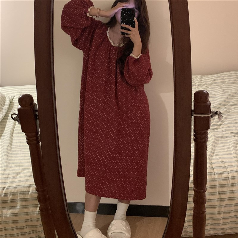 甜美碎花棉纱女士睡衣春秋季新款双层纱布大码睡裙家居服连衣裙子