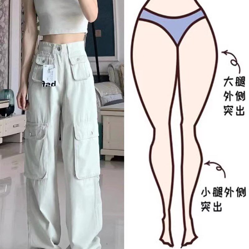 大码女装胖妹妹mm美式白色工装直筒早秋高腰宽松显瘦休闲裤200斤