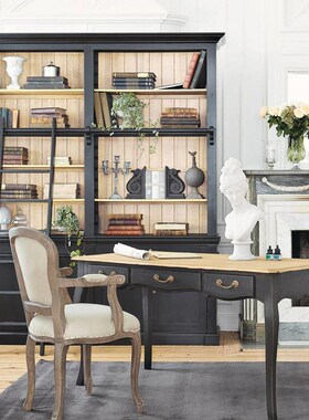 组合书柜美式带梯子 法式复古做旧实木书架储物柜 书房简约展示柜