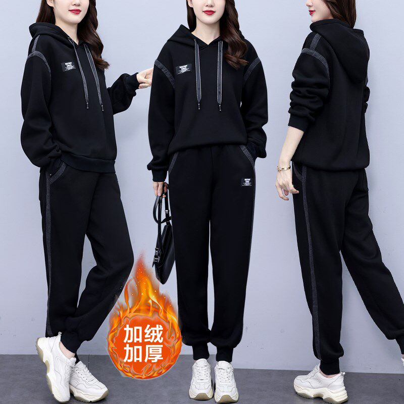 大码女装2024冬季加绒加厚休闲套装女胖mm宽松时尚牛仔卫衣两件套